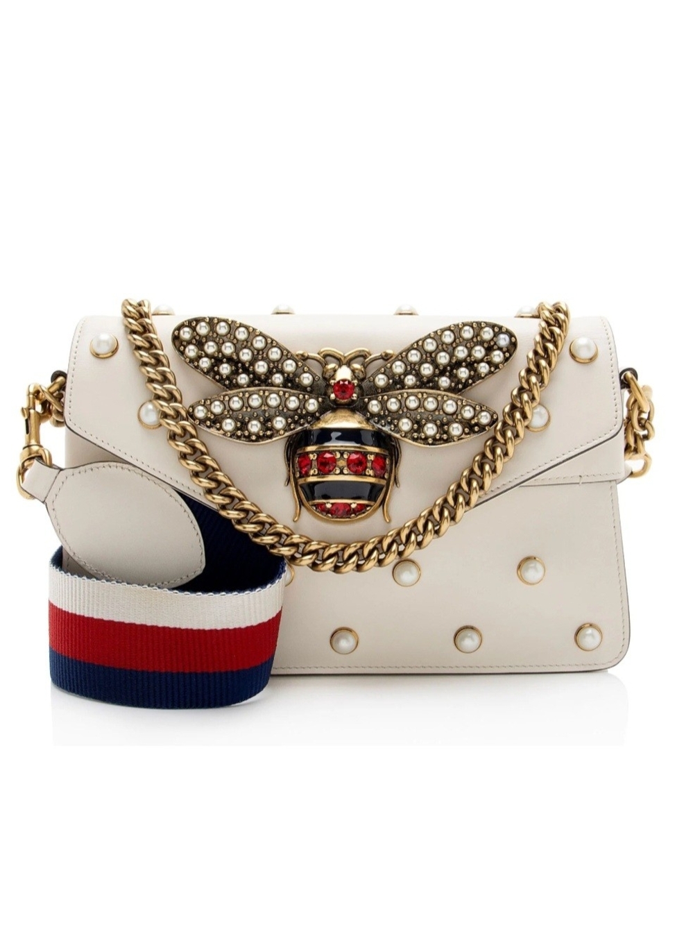 Gucci Cream Pearl-Embellished Shoulder Bag with Gold Bee Detail